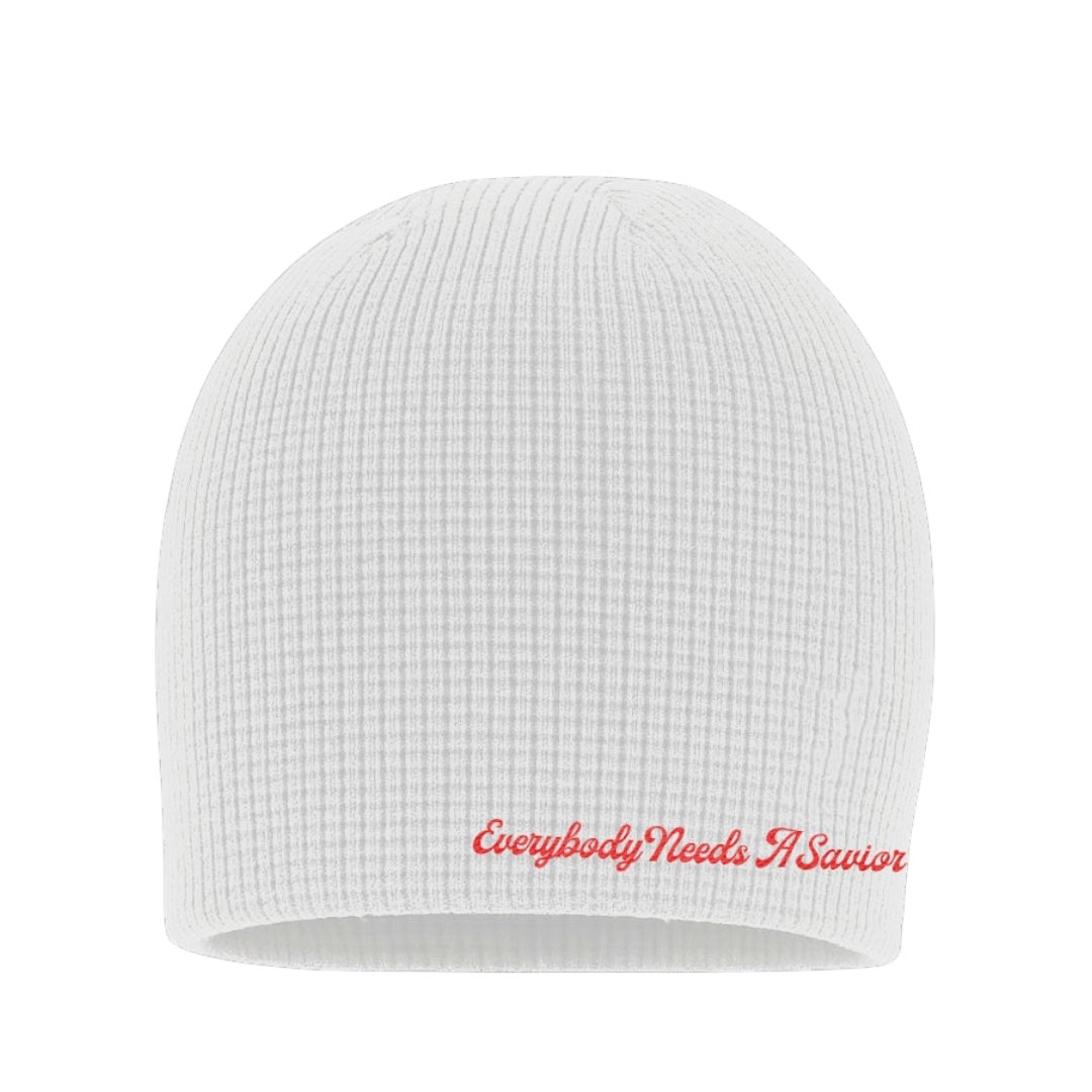 “EVERYBODY NEEDS A SAVIOR BEANIE-WHITE”